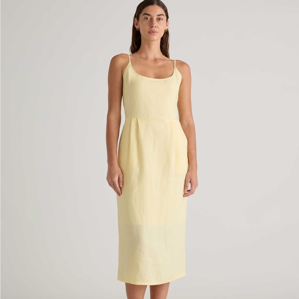 100% European Linen Scoop Neck Midi Dress in Yellow